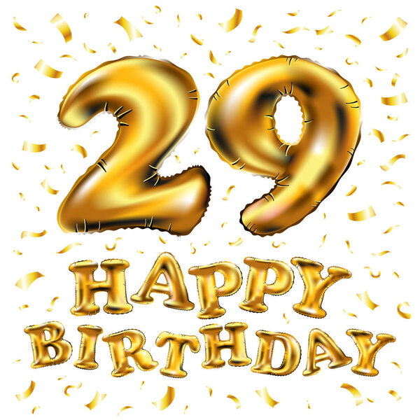 vector happy birthday 29rd celebration gold balloons and golden confetti glitters. 3d Illustration design for your greeting card, invitation and Celebration party of twenty nine 29 years anniversary