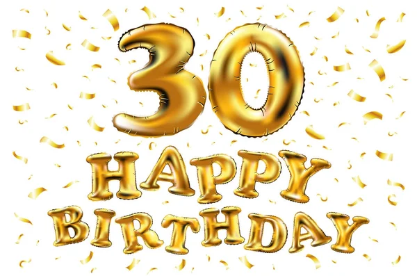 Feier zum 30. Geburtstag mit goldenen Luftballons und buntem Konfetti-Glitzern. 3D Illustrationsdesign für Ihre Grußkarte, Geburtstagseinladung und Feier zum dreißigsten Geburtstag — Stockvektor