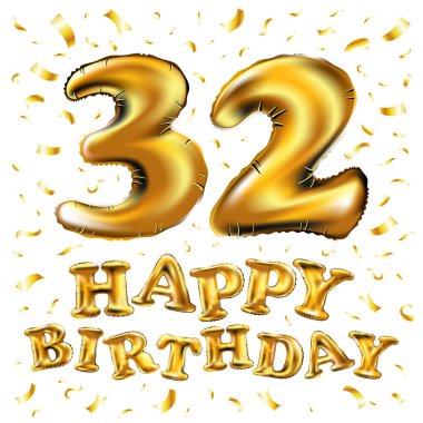 32 yıldönümü kutlama tasarım, bulutlar ve balon, konfeti ile. Vektör şablon öğeleri için senin, otuz iki yıl doğum günü kutlama partisi.