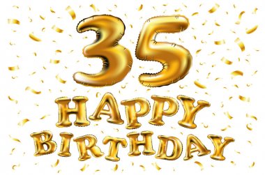 Altın balonlar ve renkli konfeti pırıltılar ile 35 doğum günü kutlaması. tebrik kartı, doğum günü davetiyesi ve otuz beş yıl yıldönümü kutlama partisi için 3D çizim tasarım