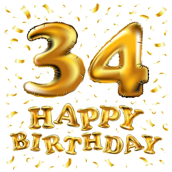 34 anos de aniversário, feliz aniversário celebração alegria. Ilustração 3d com balões de ouro brilhante & encantar confete para o seu cartão de saudação único, banner, convite de aniversário, comemorar aniversário . —  Vetores de Stock
