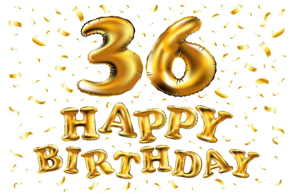 С днем рождения, 36 лет! 3D-презентация с блестящими золотыми воздушными шариками и восхитительными конфетти для уникальной поздравительной открытки, баннера, приглашения на день рождения, празднования юбилея — стоковый вектор