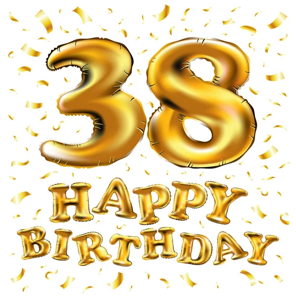 Altın balonlar ve renkli konfeti pırıltılar ile 38 doğum günü kutlaması. tebrik kartı, doğum günü davetiyesi ve otuz sekiz yıl yıldönümü kutlama partisi için 3D çizim tasarım — Stok Vektör