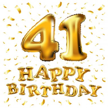 41 yıldönümü kutlama parlak altın balonlar ve canlı renkli konfeti ile. 3D çizim tasarım, arka plan benzersiz yıldönümü, davet, kart, kutlama partisi için yıl yıldönümü