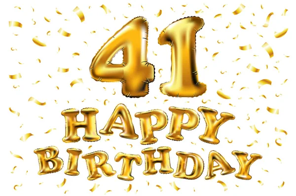 41 anos de ouro folha de alumínio balão logotipo aniversário com confete dourado isolado no fundo branco quarenta e um — Vetor de Stock