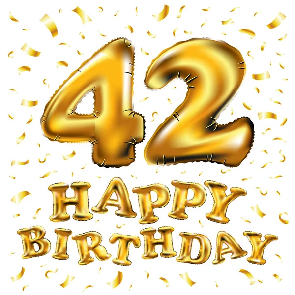 Obchody rocznicy 42 z genialny Gold balony & kolorowy konfetti żyje. ilustracja 3D design wyjątkowa rocznica tło, zaproszenia, karty, Celebration party rocznica — Wektor stockowy