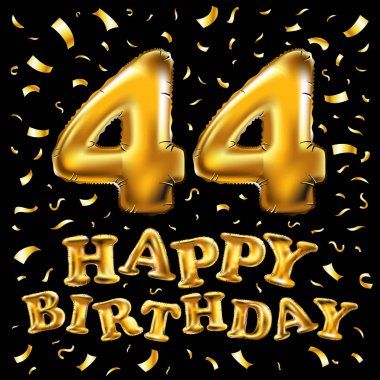 44 yıl yıldönümü, mutlu yıllar sevinç kutlama. parlak altın balonlar ve benzersiz tebrik kartı, afiş, doğum günü davetiyesi, zevk konfeti ile 3D illüstrasyon kutlamak yıldönümü.