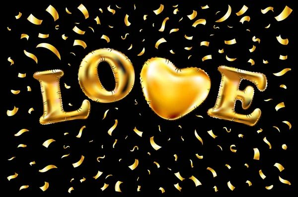 Aşk, altın harfler balon altın konfeti vektör — Stok Vektör