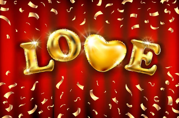 Love Heart or feuille paillettes vecteur sur fond rouge un rideau pour mariage de luxe ou carte de vœux d'anniversaire. confettis dorés carte Saint Valentin — Image vectorielle