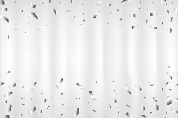 Vector blanco cortina plata Confetti tarjeta de felicitación, fondo con espacio libre. Lujo, diseño de glamour con chispas brillantes — Vector de stock