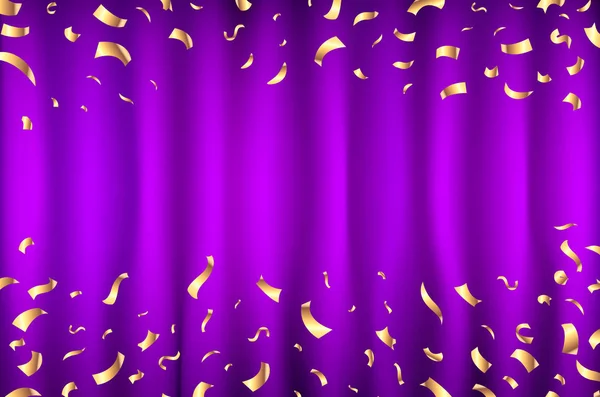 Vector violet paars gordijn gouden Confetti wenskaart, achtergrond met vrije ruimte. Luxe, Glamour Design met glans Sparkles — Stockvector