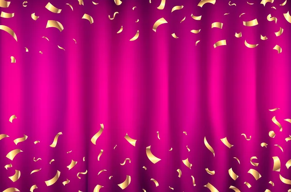 Vector pink purple Curtain gold Confetti Greeting Card, background with Free Space. Роскошь, блеск и блеск — стоковый вектор
