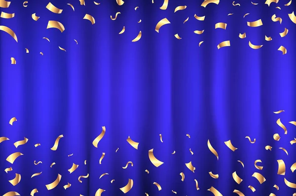 Vector blue Curtain gold Confetti Greeting Card, background with Free Space. Роскошь, блеск и блеск — стоковый вектор