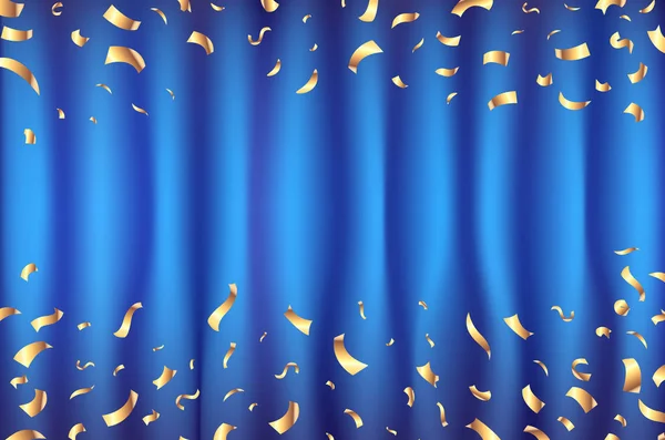 Vector blue Curtain gold Confetti Greeting Card, background with Free Space. Роскошь, блеск и блеск — стоковый вектор