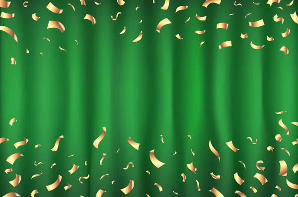 Vector green Curtain gold Confetti Greeting Card, background with Free Space. Роскошь, блеск и блеск — стоковый вектор