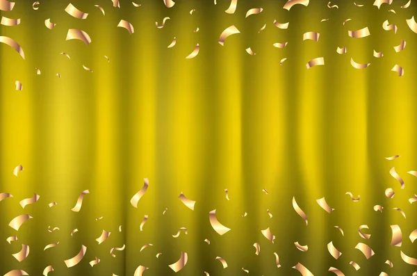 Vector amarillo cortina de oro tarjeta de felicitación Confetti, fondo con espacio libre. Lujo, diseño de glamour con el arte de las chispas del brillo — Vector de stock