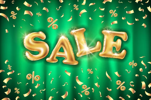 Vector Gold sale balloons background on green curtain store banners, advertising, shopping. Logo, logotype, sign, symbol. text, selling, web banner header. Abstract golden confetti special offer — Stock Vector