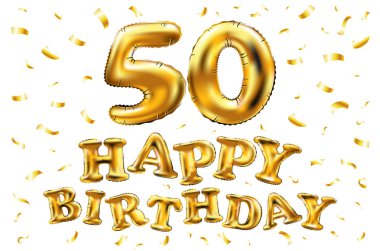 iyi ki doğdun 50 altın kutlama balonları ve altın konfeti pırıltılar vektör. tebrik kartı, davet ve elli 50 yıl kutlama partisi için 3D çizim tasarım
