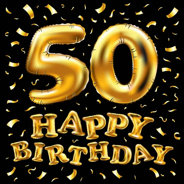 Vecteur joyeux anniversaire 50e célébration ballons d'or et paillettes de confettis dorés. 3d Illustration design pour votre carte de vœux, invitation et fête de 50 ans d'art — Image vectorielle