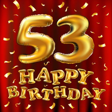 mutlu yıllar 53th kutlama altın balonlar ve altın konfeti pırıltılar vektör. 3D çizim tasarım tebrik kartı, davet ve elli üç 53 yaş kırmızı perde kutlama partisi için bir