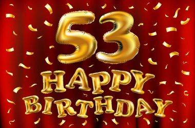 mutlu yıllar 53th kutlama altın balonlar ve altın konfeti pırıltılar vektör. 3D çizim tasarım tebrik kartı, davet ve elli üç 53 yaş kırmızı perde kutlama partisi için bir