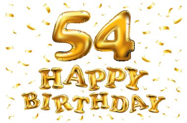 iyi ki doğdun 54 kutlama altın balonlar ve altın konfeti pırıltılar vektör. 3D çizim tasarım tebrik kartı, davet ve elli dört kutlama partisi için 54 yaş Beyaz