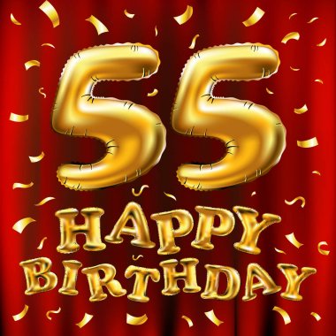 iyi ki doğdun 55 kutlama altın balonlar ve altın konfeti pırıltılar vektör. tebrik kartı, davet ve elli beş 55 yaş kırmızı perde kutlama partisi için 3D çizim tasarım