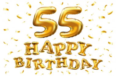 iyi ki doğdun 55 kutlama altın balonlar ve altın konfeti pırıltılar vektör. tebrik kartı, davet ve elli beş 55 yaş Beyaz kutlama partisi için 3D çizim tasarım