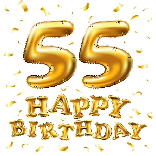 Vector feliz cumpleaños 55ª celebración globos de oro y purpurina de confeti de oro. Diseño de ilustración 3d para su tarjeta de felicitación, invitación y fiesta de celebración de cincuenta y cinco 55 años blanco — Vector de stock