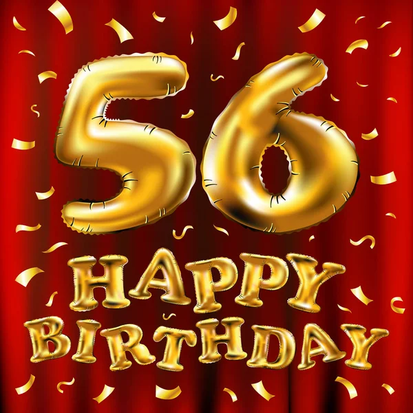 Vector χαρούμενα γενέθλια 56η μπαλόνια γιορτή χρυσό και χρυσές κομφετί λάμπει. 3D απεικόνιση σχεδιασμού για ευχετήρια κάρτα, πρόσκληση και εορτασμός κόμμα των πενήντα έξι 56 χρόνια κόκκινη κουρτίνα — Διανυσματικό Αρχείο