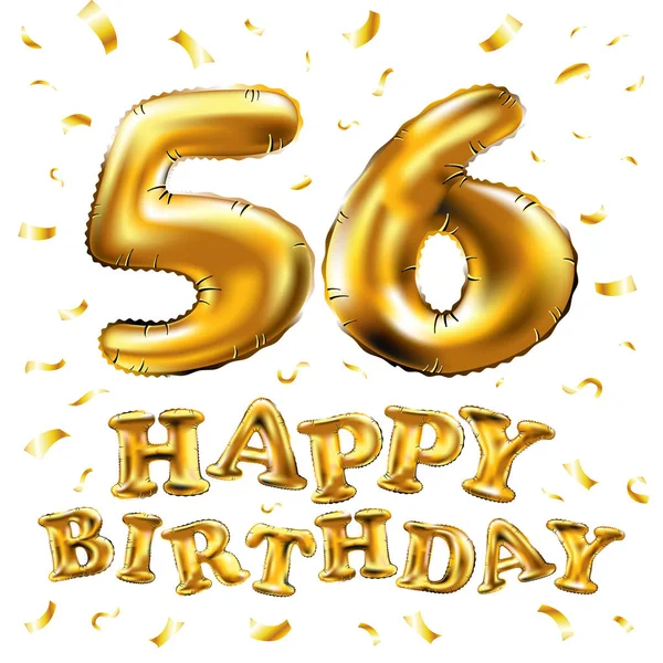Zum 56. Geburtstag funkeln goldene Luftballons und goldenes Konfetti. 3D Illustration Design für Ihre Grußkarte, Einladung und Feier von 56 Jahren weiß — Stockvektor