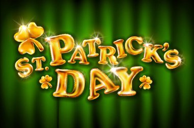 Happy St Patrick's günü yeşil perde arka plan kutlama altın balonlar ve altın konfeti pırıltılar vektör. 3D çizim tasarım tebrik kartı, davet partisi