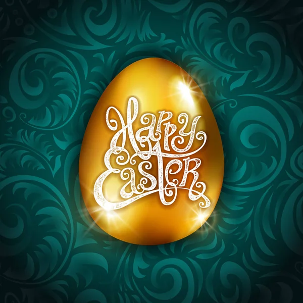 Вектор Золота фольга Зі святом Великодня Вітальна листівка із золотим яйцем. блакитний фон. Радісні побажання, святкові привітання — стоковий вектор