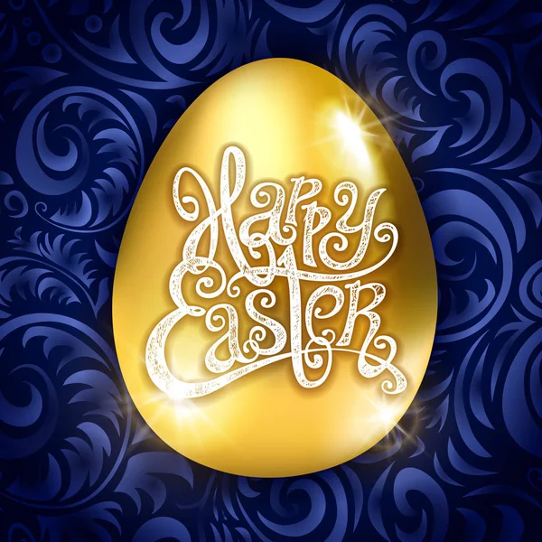 Золоте яйце щасливого Великодня з декоративним синім фоном квітковий візерунок Векторні ілюстрації. мистецтво — стоковий вектор