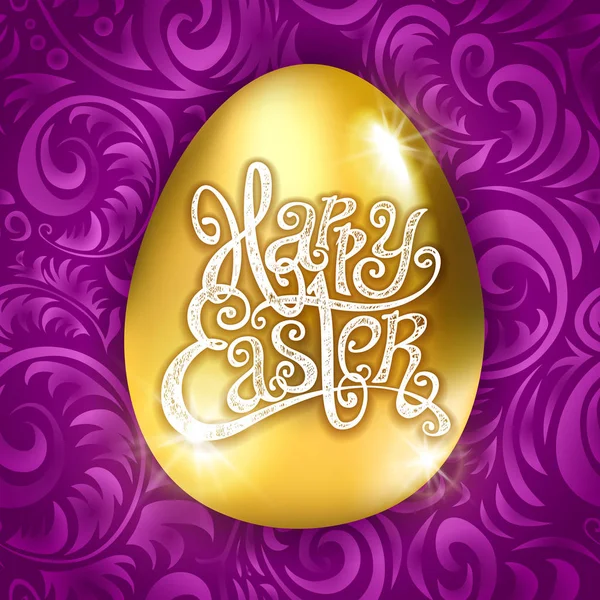 Goldenes Ei glückliche Ostern mit dekorativem lila Hintergrund floralen Muster Vektor Illustration. Kunst — Stockvektor