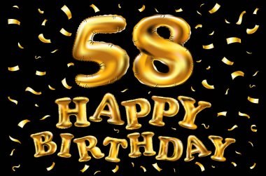 iyi ki doğdun 58 kutlama altın balonlar ve altın konfeti pırıltılar vektör. tebrik kartı, davet ve elli sekiz 58 yaş siyah backgro kutlama partisi için 3D çizim tasarım