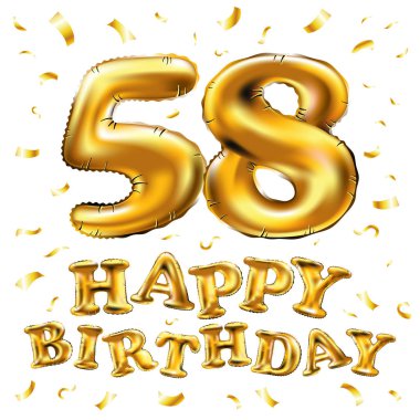 iyi ki doğdun 58 kutlama altın balonlar ve altın konfeti pırıltılar vektör. tebrik kartı, davet ve elli sekiz 58 yaş Beyaz backgro kutlama partisi için 3D çizim tasarım