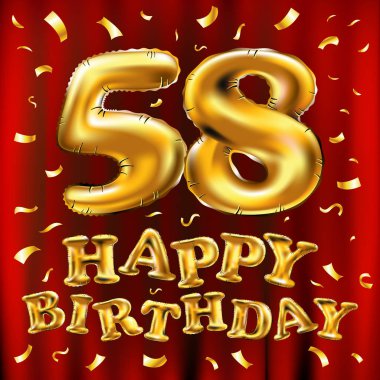 iyi ki doğdun 58 kutlama altın balonlar ve altın konfeti pırıltılar vektör. 3D çizim tasarım tebrik kartı, davet ve elli sekiz 58 yaş kırmızı perde kutlama partisi için bir