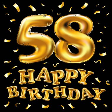 iyi ki doğdun 58 kutlama altın balonlar ve altın konfeti pırıltılar vektör. tebrik kartı, davet ve elli sekiz 58 yaş siyah backgro kutlama partisi için 3D çizim tasarım