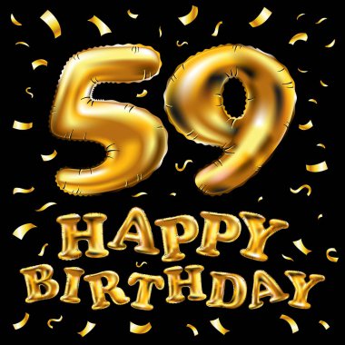 iyi ki doğdun 59 kutlama altın balonlar ve altın konfeti pırıltılar vektör. 3D çizim tasarım tebrik kartı, davet ve elli dokuz kutlama partisi için 59 yaş siyah