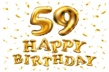 iyi ki doğdun 59 kutlama altın balonlar ve altın konfeti pırıltılar vektör. 3D çizim tasarım için tebrik kartı, davet ve kutlama parti elli dokuz 59 yaş Beyaz