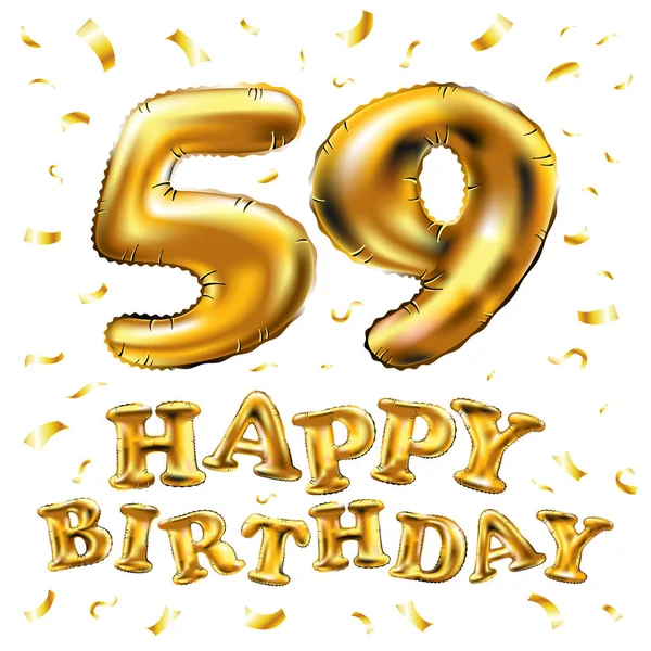 Zum 59. Geburtstag funkeln goldene Luftballons und goldenes Konfetti. 3D Illustration Design für Ihre Grußkarte, Einladung und Feier neunundfünfzig 59 Jahre weiß — Stockvektor