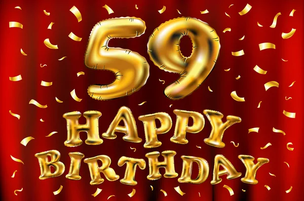 Zum 59. Geburtstag funkeln goldene Luftballons und goldenes Konfetti. 3D Illustration Design für Ihre Grußkarte, Einladung und Feier neunundfünfzig 59 Jahre Roter Vorhang Kunst — Stockvektor
