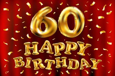iyi ki doğdun 60 kutlama altın balonlar ve altın konfeti pırıltılar vektör. tebrik kartı, davet ve 60 60 yıl kırmızı perde sanat kutlama partisi için 3D çizim tasarım