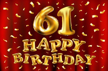 mutlu yıllar 61th kutlama altın balonlar ve altın konfeti pırıltılar vektör. tebrik kartı, davet ve altmış tane 61 yaş kırmızı perde sanat kutlama partisi için 3D çizim tasarım