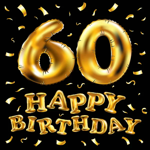 Zum 60. Geburtstag funkeln goldene Luftballons und goldenes Konfetti. 3D Illustration Design für Ihre Grußkarte, Einladung und Feier von sechzig 60 Jahre schwarzem Hintergrund — Stockvektor