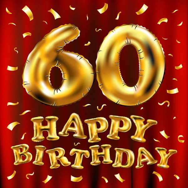 Wektor zadowolony urodziny 60-Balony celebracja złota i złotym konfetti błyszczy. Projektowanie 3D ilustracja karty z pozdrowieniami, zaproszenie i party Celebration sześćdziesiąt 60 lat czerwonej kurtyny — Wektor stockowy