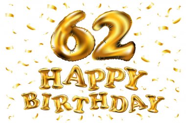 mutlu yıllar 62th kutlama altın balonlar ve altın konfeti pırıltılar vektör. tebrik kartı, davet ve altmış iki 62 yaş Beyaz adam kutlama partisi için 3D çizim tasarım