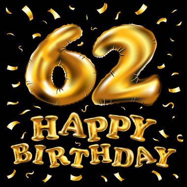 mutlu yıllar 62th kutlama altın balonlar ve altın konfeti pırıltılar vektör. Kutlama parti altmış iki 62 yaş siyah arka plan tebrik kartı ve davetiye için 3D çizim tasarım