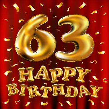 mutlu yıllar 63th kutlama altın balonlar ve altın konfeti pırıltılar vektör. tebrik kartı, davet ve altmış üç 63 yıl kırmızı perde kutlama partisi için 3D çizim tasarım